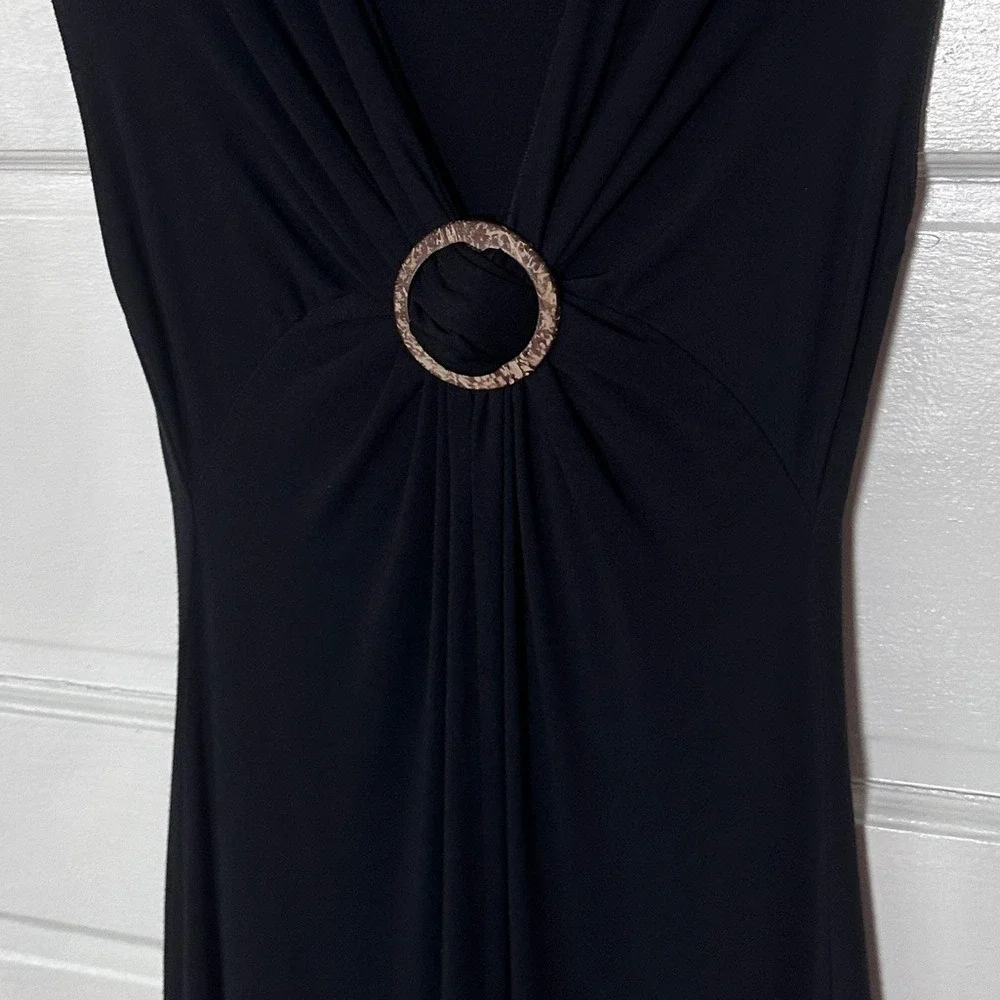 3/$20💥BCBGMaxAzria Black Midi Dress Cinched Waist Bamboo‎ Ring Accent M Stretch